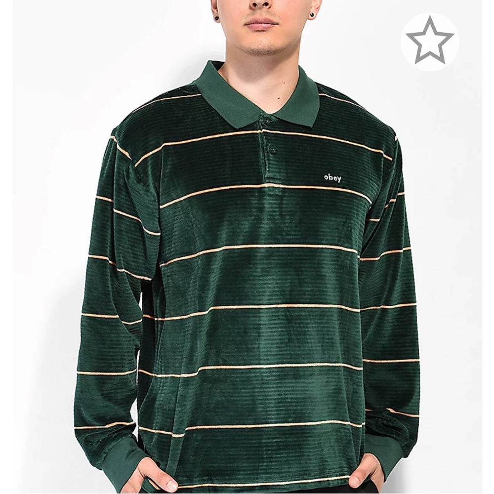 Obey Fete Green Velour Long
Sleeve Polo Shirt